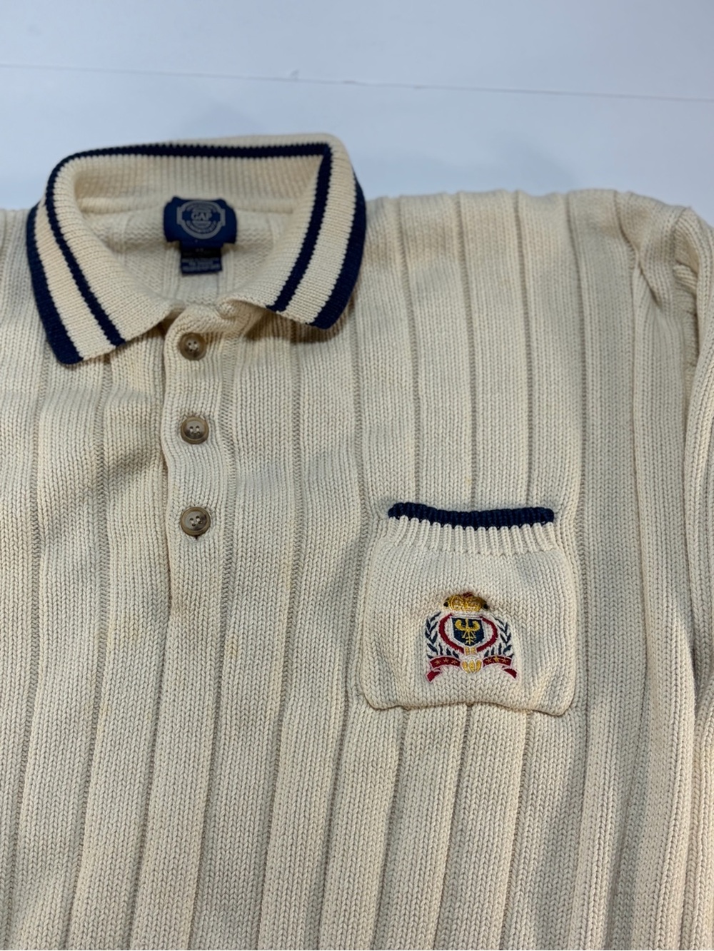 Vintage 90s GAP Crest Knit Polo Sweater Ivory Men's XL Old Money Preppy - Picture 2 of 8